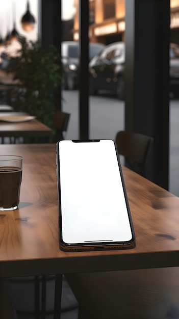 Tablet com tela em branco na mesa em um café Mockup para design