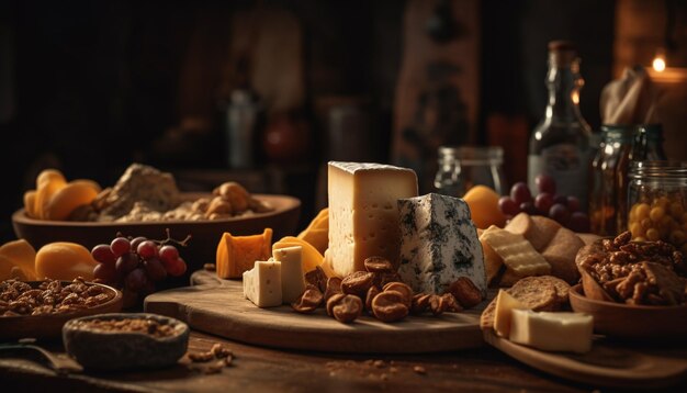 Tábua de queijos gourmet com frutas frescas e vinho gerado por IA