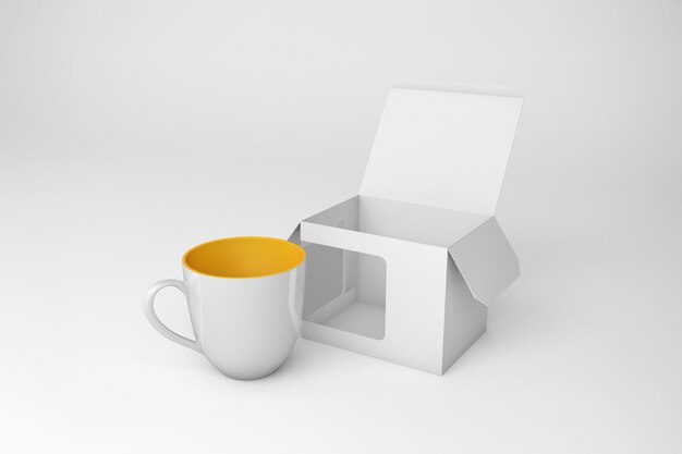 Taça de café branca com interior amarelo e caixa de presente