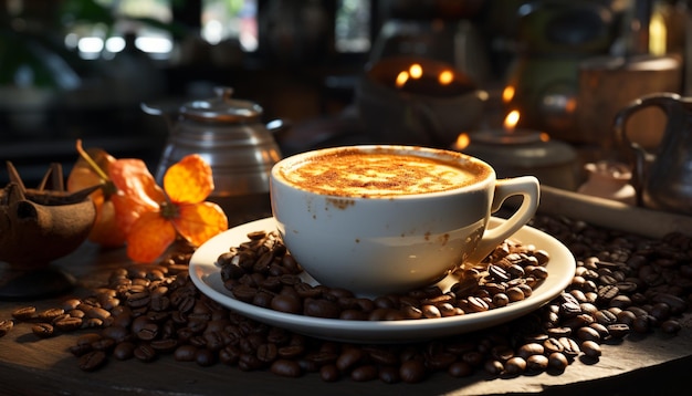 Foto grátis taça de café fresca em mesa de madeira vapor subindo aroma convidativo gerado por inteligência artificial