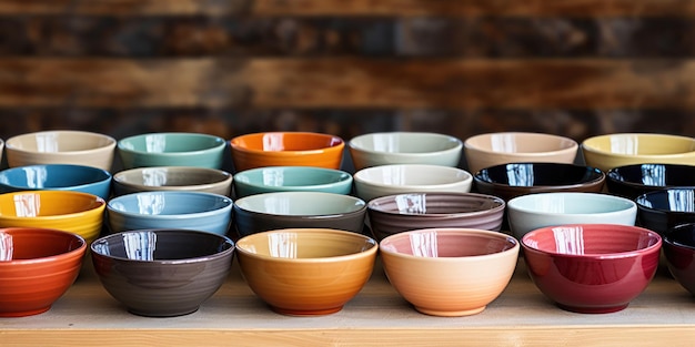 Taças de cerâmica coloridas prontas para uma refeição em família