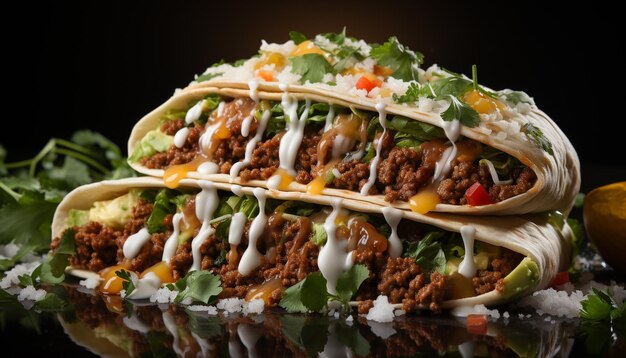 Foto grátis taco de carne grelhada com guacamole de tomate e coentro fresco em pão achatado gerado por inteligência artificial