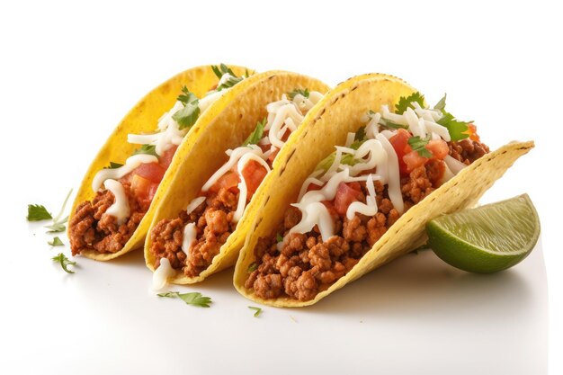 Tacos mexicanos tradicionais com carne e legumes isolados no fundo branco AI generative