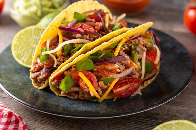 Tacos mexicanos tradicionais com carnes e vegetais na mesa de madeira