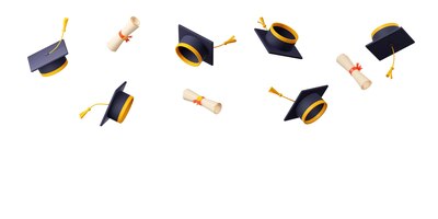 Tampas acadêmicas 3d e pergaminhos de diploma voando