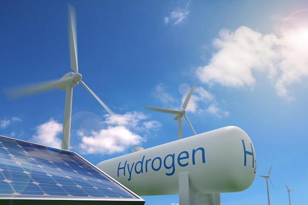 Tanque de hidrogênio, painel solar e moinhos de vento no fundo do céu azul. conceito de energia sustentável e ecológica.