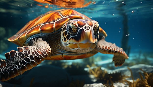 Foto grátis tartaruga subaquática nadando em espécies ameaçadas de mar azul geradas por inteligência artificial