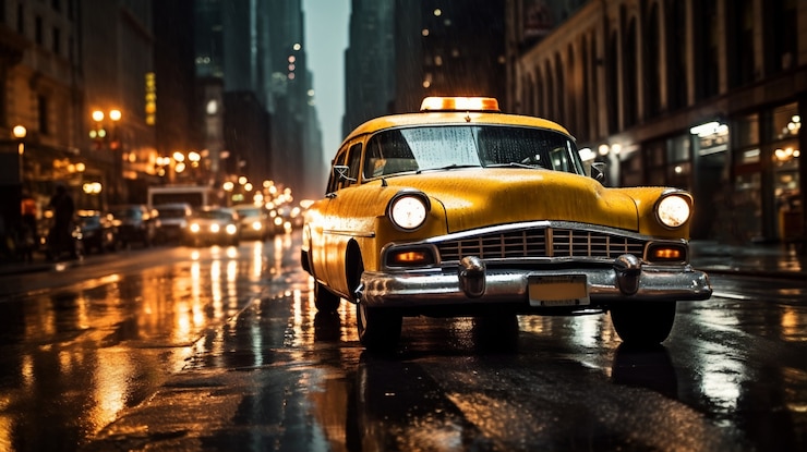 Foto grátis táxi amarelo nas ruas de nova york à noite