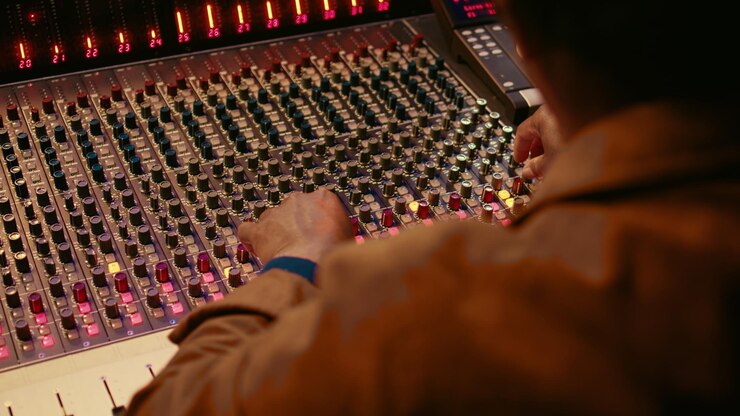 Foto grátis técnico de áudio produzindo nova música no console de mistura na sala de controle