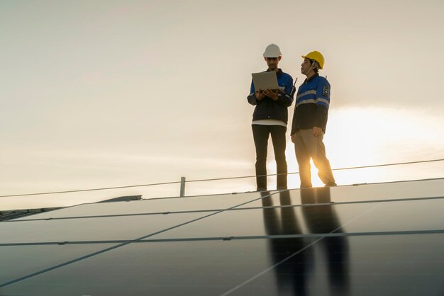 Técnico especialista engenheiro profissional com manutenção de laptop e tablet verificando a instalação do painel de telhado solar no telhado da fábrica sob luz solar Pesquisa de equipe de engenheiros verifica o telhado do painel solar