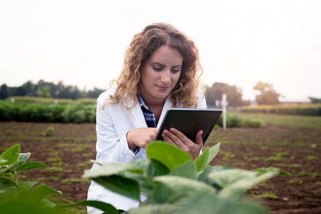 Foto grátis tecnóloga agrônoma feminina com computador tablet em campo, verificando a qualidade e o crescimento das safras para a agricultura