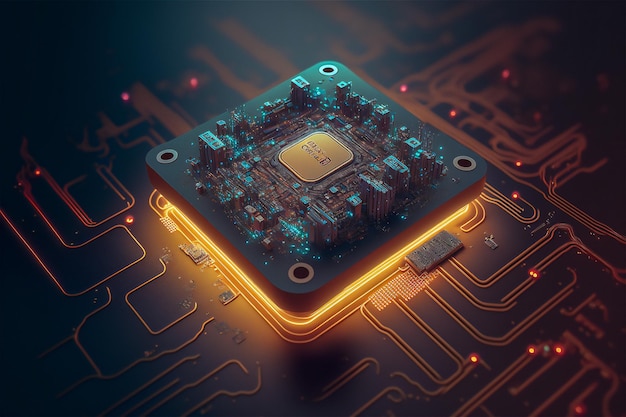Tecnologia closeup da placa-mãe Processador de computador de placa de circuito de microchip integrado com luz neon