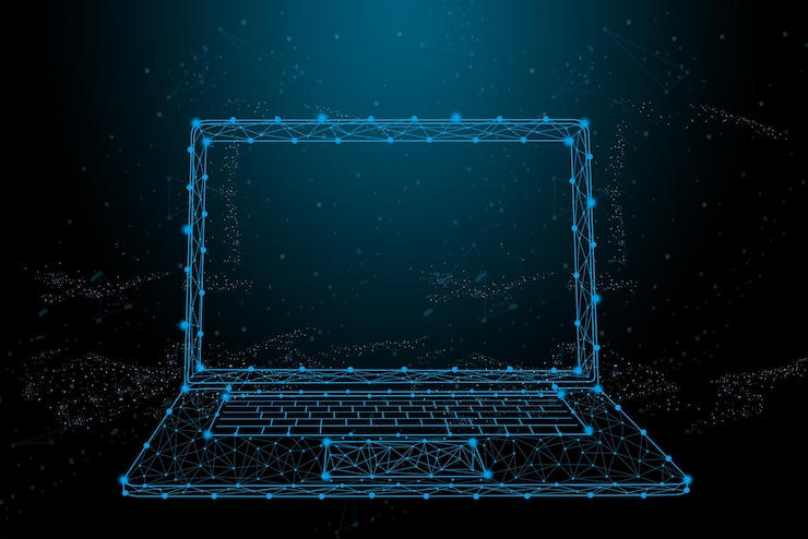 Foto grátis tecnologia futurista abstrata com formas poligonais em fundo azul escuro. cenário de tecnologias de conexão, comunicação na internet.