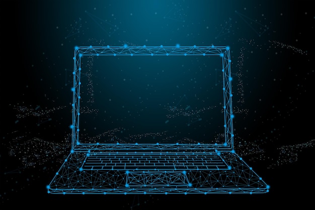 Tecnologia futurista abstrata com formas poligonais em fundo azul escuro. Cenário de tecnologias de conexão, comunicação na internet.
