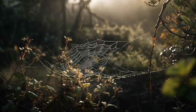 Teia de aranha assustadora captura orvalho na floresta de outono gerada por IA