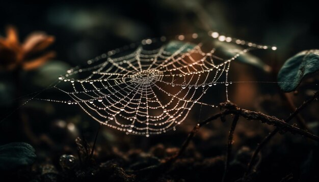 Teia de aranha brilha com orvalho no outono gerado por IA