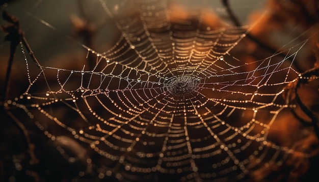 Foto grátis teias de aranha assustadoras prendem gotas de orvalho lindamente geradas por ia