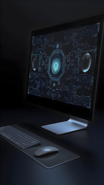 Foto grátis tela de computador com impressão digital e mouse em fundo preto renderização 3d