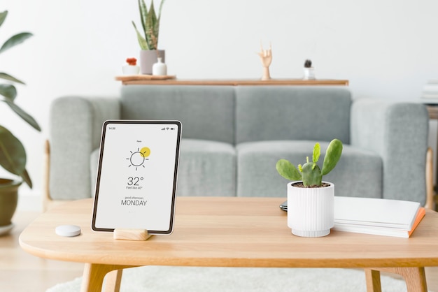 Tela de tablet digital com controlador de casa inteligente em uma mesa de madeira Foto gratuita