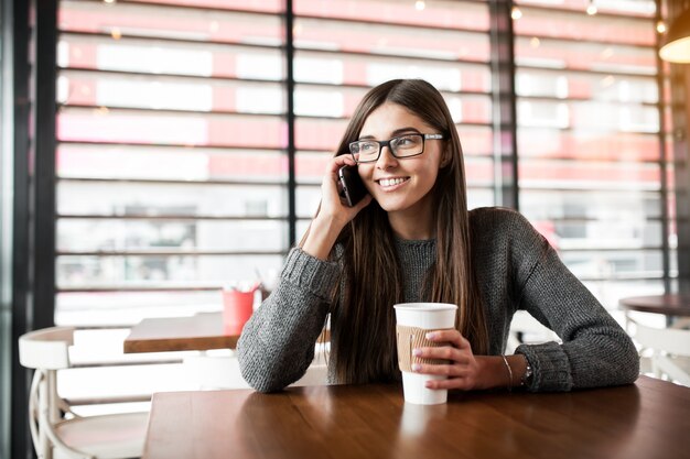 Telefone, mulher, café, femininas, tabuleta