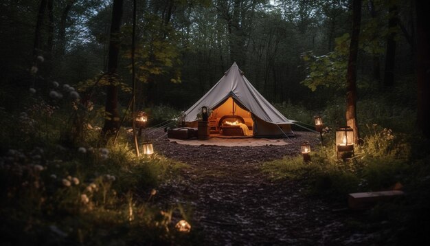 Tenda de cúpula brilhante ilumina a noite tranquila da floresta gerada pela IA