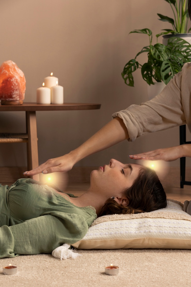 Foto grátis terapeuta de vista lateral ajudando mulher com cura