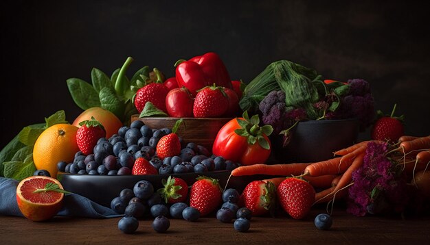 Tigela abundante de salada de frutas orgânicas frescas gerada por IA