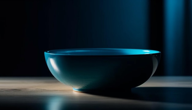 Tigela azul vazia na mesa de madeira reflete a luz gerada pela IA