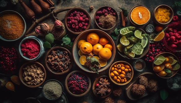 Tigela de frutas frescas com variedade orgânica e tempero gerado por IA