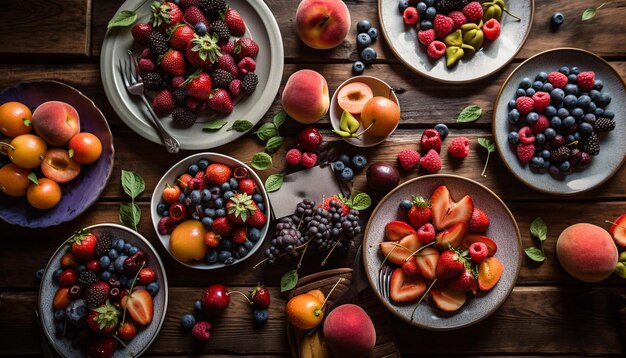 Tigela de frutas frescas na mesa de madeira rústica gerada por IA