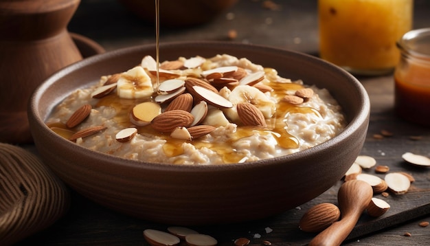 Foto grátis tigela de granola orgânica com leite de amêndoa de frutas frescas e mel gerado por ia