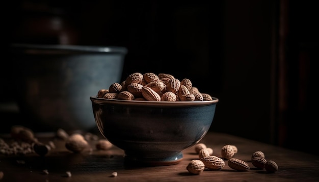 Tigela de lanche saudável com nozes orgânicas e AI generativa de frutas