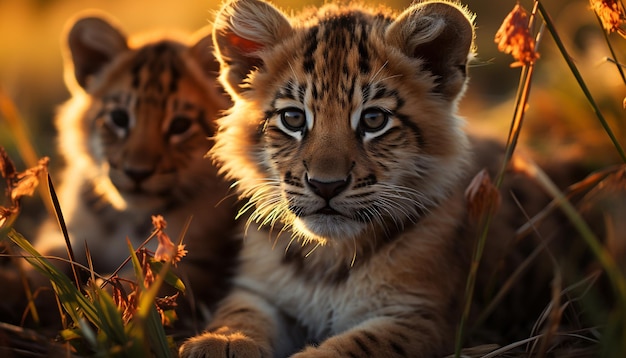 Foto grátis tigre jovem e fofo escondido na grama olhando para câmera gerada por inteligência artificial