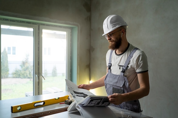 Foto grátis tiler trabalhando na renovação do apartamento