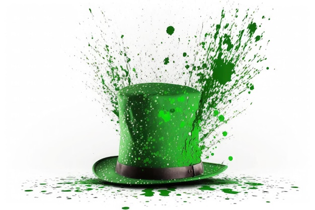 Típico chapéu verde de Saint Patrick39s com explosão de confete no fundo branco Ai generative
