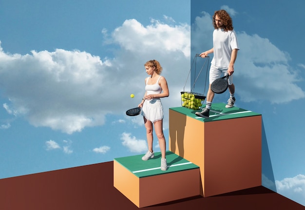 Foto grátis tiro completo homem e mulher jogando tênis