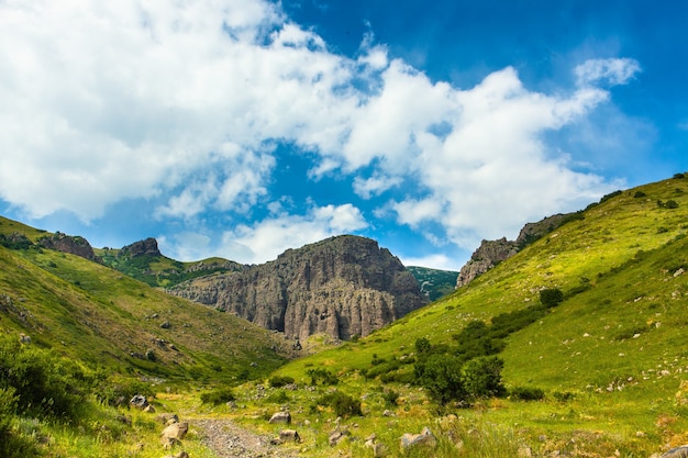 Tiro horizontal das montanhas cobertas de verde sob o lindo céu nublado