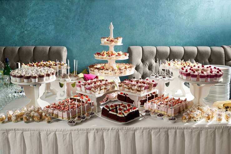 Foto grátis tiro horizontal de um buffet de doces na mesa do restaurante cheio de deliciosas sobremesas, bolos, cheesecakes, doces cremosos, festa, reunião festiva, café, confeitaria, celebração.