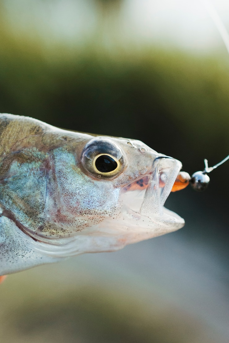 Foto grátis tiro macro de isca de pesca dentro da boca de peixe