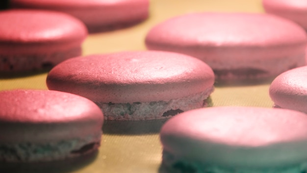 Tiro macro de macaroon rosa na bandeja de cozimento