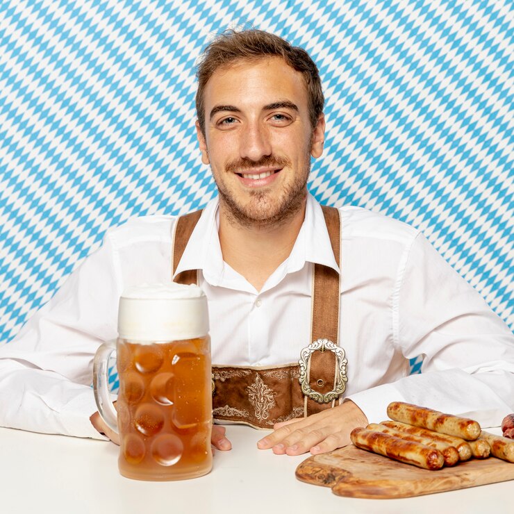 Foto grátis tiro médio, de, homem, com, alemão, linguiças, e, cerveja