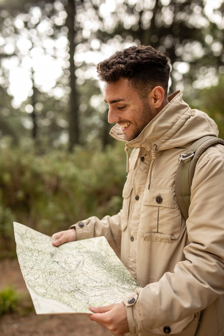 Foto grátis tiro médio do smiley homem segurando o mapa