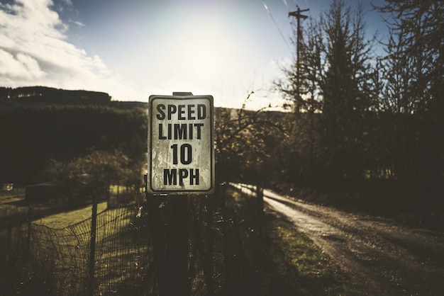 Foto grátis tiro seletivo de sinalização de limite de velocidade na estrada perto de árvores em um dia ensolarado