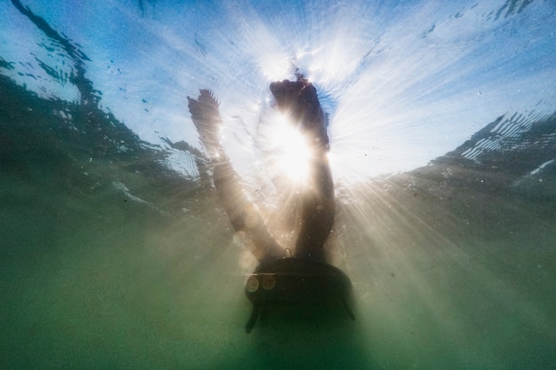 Foto grátis tiro subaquático de mulher com prancha de surf