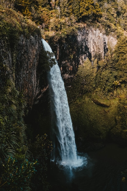 Tiro vertical da cachoeira e do lago pelas falésias cobertas de grama