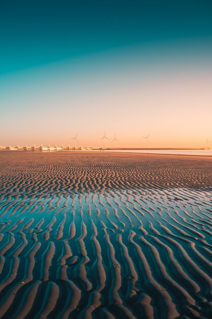 Foto grátis tiro vertical da praia com turbinas no capturado em westenschouwen, holanda