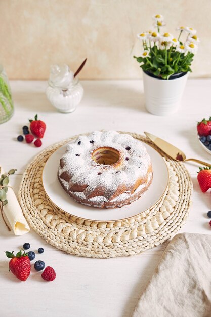 Tiro vertical de um bolo de anel com frutas e pó em uma mesa branca com branco