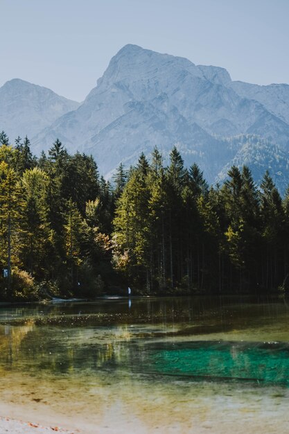 Tiro vertical de um lago congelado que brilha sob o sol quente, rodeado por árvores e montanhas