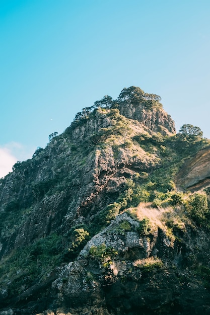 Foto grátis tiro vertical de uma bela formação rochosa coberta de musgo sob o céu azul