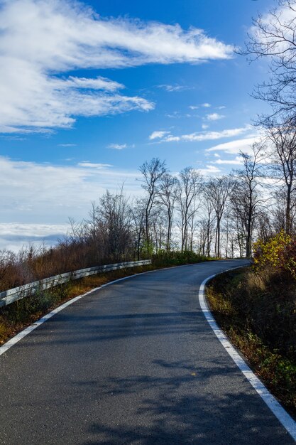 Tiro vertical de uma estrada estreita que leva à montanha Medvednica em Zagreb, Croácia